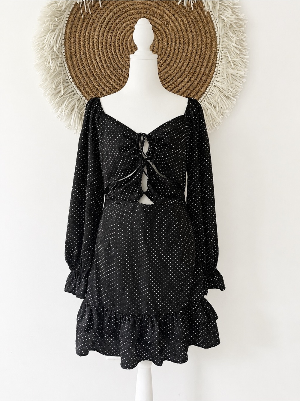 Black Polka Dot Cut Out Tie-Front Mini Dress